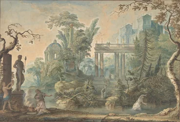 Arkadische Landschaft mit mehreren Figuren und einer Statue von Apollo, 18. Jahrhundert