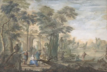 Arkadische Landschaft mit mehreren Figuren und einer Statue der Diana