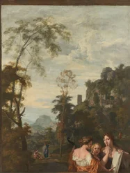 Italienische Landschaft mit drei Frauen, die Musik machen