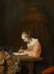 Frau schreibt einen Brief, um 1655