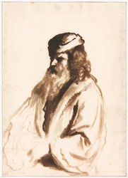 Bärtige Figur mit Turban und Pelzmantel, Halbfigur, nach rechts gewandt