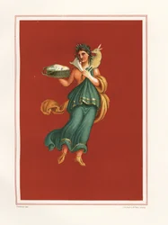 Allegorisches Wandgemälde des Frühlings von der Westseite des Atriums von Regio IX.V.11, Chromolithographie von J.G. Bach nach einer Illustration von Geremia Discanno aus Emile Presuhn 