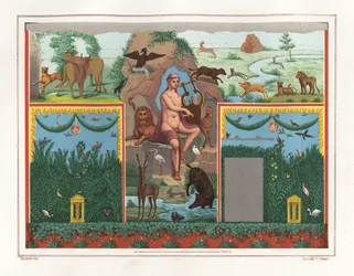 Wandgemälde von Orpheus mit Lyra aus dem Viridarium (Garten) des Hauses des Vesonius Primus, eines Walkers. Er ist umgeben von Tieren, darunter ein Löwe, Puma, Wildschwein, Hirsch, Kaninchen und blauer Flamingo. Chromolithographie von Victor Steeger nach e