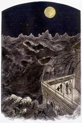 Menschen auf dem Mond beobachten die Erde - Illustration von Gerlier, in „Un monde inconnu: 2 ans sur la lune“ von Pierre de Sélènes, ed. Flammarion