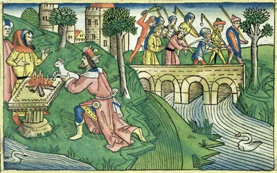 Die Menschen von Damaskus werden gefangen genommen, aus der Nürnberger Bibel (Biblia Sacra Germanaica)