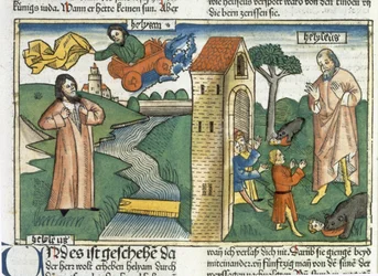 Elia fährt im Wirbelsturm in den Himmel und die Jungen, die Elischa verspotteten, werden von Bären gefressen, aus der Nürnberger Bibel (Biblia Sacra Germanaica)