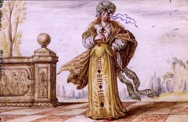 Eine geschmückte allegorische Frau auf einer Terrasse, ca. 1640