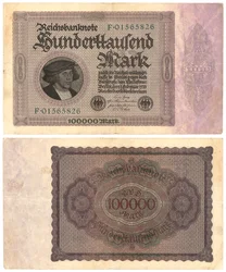 Eine Hunderttausend-Mark-Banknote, 1923 (Vorder- und Rückseite)