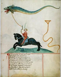 Ein Ritter, der einen Drachen fliegendes Reh hält Manuskriptseite der deutschen Schule des 15. Jahrhunderts. 1405 Göttingen, Bibliothek der Universität