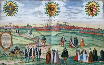 Ein Panoramablick auf Nürnberg, mit Figuren in lokaler Tracht im Vordergrund