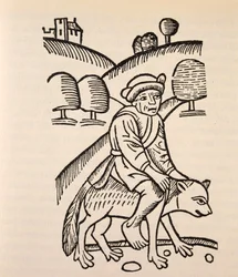 Ein Zauberer auf dem Rücken einer Ziege, Illustration aus 
