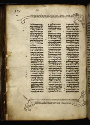 Add. 21160, f.188, Mikrografie von zwei Hunden, die ein Reh jagen, Baum mit Vögeln und einem Drachen, bei Numeri (Kap. 2-3)