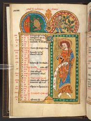 Oktober. 12 Kalenderseiten in Gold und Farben, mit architektonischen Rahmen, die jeweils ein Sternzeichen, einen Apostel und eine Arbeit des Monats enthalten. Psalter. Illuminiertes Psalter mit einem Kalender, Cantica und Litaneien für den Gebrauch von Non
