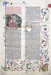 Eine illuminierte Seite, die den Heiligen Hieronymus in seinem Studierzimmer darstellt, und ein Rand mit einem Greif, der von drei Männern angegriffen wird, 1470