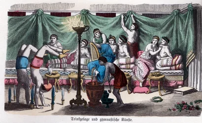 Alte Geschichte. Griechenland. Szene eines Banketts und gymnastische Spiele. ...