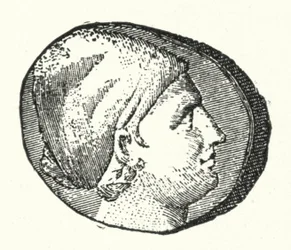Antike Münze mit dem Kopf der antiken griechischen Dichterin Sappho (Stich)