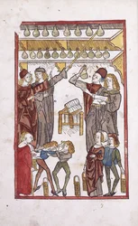 Apotheker und Tränke, mit zwei kämpfenden Jungen im Vordergrund, 1491