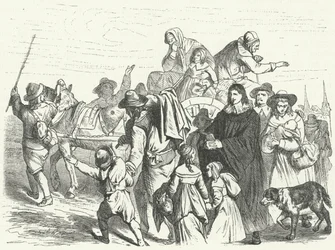 Ankunft französischer Hugenotten in Brandenburg nach dem Edikt von Potsdam von Friedrich Wilhelm im Jahr 1685 (Stich)