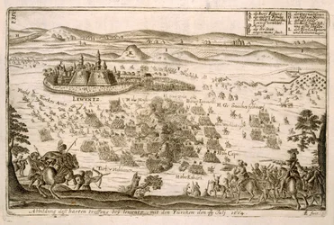 Schlacht bei der Stadt Levice im Jahr 1664, Illustration aus einem Buch über die osmanischen Feldzüge in Europa, graviert von Paul Furst (ca.1605-66)