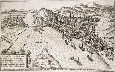 Buda und Pest von den Christen belagert im Jahr 1602, Illustration aus einem Buch über die osmanischen Feldzüge in Europa, graviert von Paul Furst (ca.1605-66)