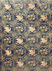 Detail eines Vorhangs, dekoriert mit Schwänen und Lilien