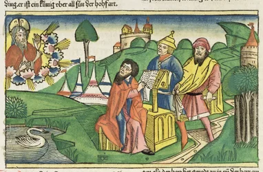 Deuteronomium: Frontispiz, in dem Gott die Gesetze macht, aus der Nürnberger Bibel (Biblia Sacra Germanaica)