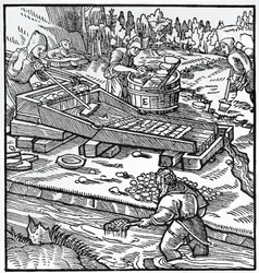 Gravur aus De re metallica (Über die Natur der Metalle), von Georg Pawer oder Georgius Agricola