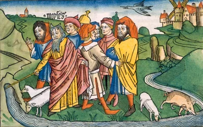 Exodus 17:1-7 Mose lässt das Wasser aus den Felsen von Horeb fließen, aus der Nürnberger Bibel (Biblia Sacra Germanaica)