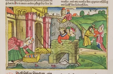 Moses wird den Nil hinuntergeschickt und von einer der Frauen des Pharaos entdeckt, aus der Nürnberger Bibel (Biblia Sacra Germanaica)