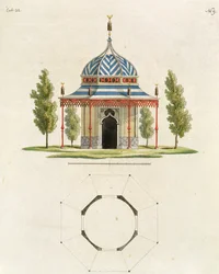 Außenansicht eines chinesischen Gartentempels, aus Recent New Ideas for the Garden, veröffentlicht 1779