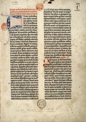Erste Seite der Bibel in Latein (Vulgata) von Gutenberg, vorbereitet in Mainz 1452 - 1454. Der Beginn des Briefes von St. Hieronymus an den Priester Paulinus, der sich mit allen Büchern der Heiligen Schrift befasst.