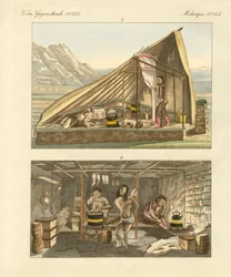 Wohnungen der Grönländer (farbige Gravur)