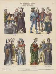 Französische Kostüme des 15. Jahrhunderts (farbige Gravur)