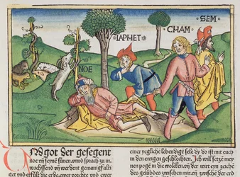 Genesis 9:20-27 Noah wird von seinen Söhnen Sem, Ham und Japhet mit einem Mantel bedeckt, aus der Nürnberger Bibel (Biblia Sacra Germanaica)