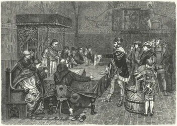 Gustav I. Wasa, König von Schweden, konfrontiert Peter Sunnanvader, Bischof von Västerås