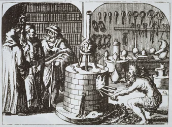 Hermetische Philosophen und ein Alchemist, aus Museum Hermeticum von Michael Majer (1625) illustriert in einer Geschichte der Magie, veröffentlicht Ende des 19. Jahrhunderts