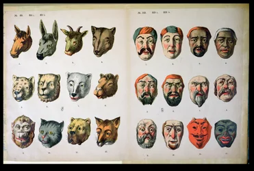 Menschliche und tierische Karnevalsmasken, Seite aus einem Herstellerkatalog aus Mannebach, Thüringen, ca. 1865