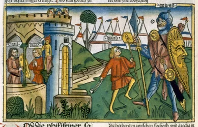 I Samuel 17:1-58 David besiegt Goliath und trifft Saul, aus der Nürnberger Bibel (Biblia Sacra Germanaica)