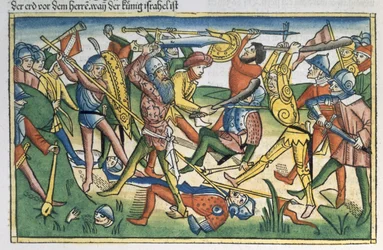 Die Philister führen Krieg gegen Israel, aus der Nürnberger Bibel (Biblia Sacra Germanaica)