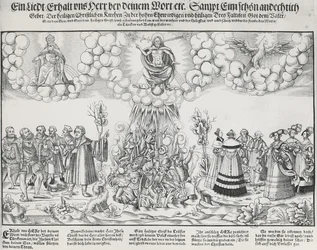 Illustration des Liedes von Martin Luther, das um Gottes Hilfe gegen das tödliche Werk des Papstes bittet