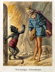 Illustration der Erzählungen von Franz Hoffmann „Tales et Fables - Der fröhliche kleine Schneider“. Chromolithographie des 19. Jahrhunderts