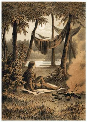 Illustration der Eroberung des Amazonas durch Europäer, Errichtung eines Lagers in der Nähe des Flusses. in „De Bootslieden der Amazon-river“, Karl Muller, Niederlande