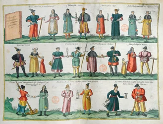 Einwohner von Dithmarschen (Dänemark), illustrierte Tafel aus Théâtre des Cités du Monde von G. Braun, Köln, 1572-1618