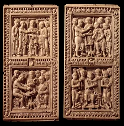 Elfenbeinbindungen des Dagulf-Psalters: David, Heiliger Hieronymus. Es wurde von Karl dem Großen für Papst Adrian I. in Auftrag gegeben. Ende des 8. Jahrhunderts. Aus Aachen.