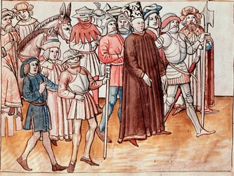 Jan Hus wird gefangen genommen und zum Scheiterhaufen verurteilt (Miniatur)