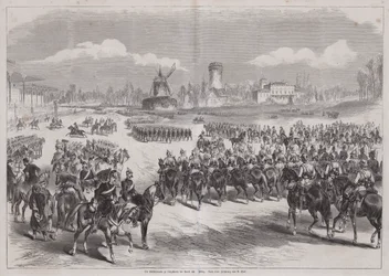 Kaiser Wilhelm I. von Deutschland beobachtet seine Armeeparade in Longchamp, Paris, Frankreich, März 1871 (Stich)