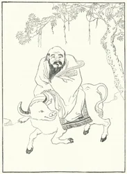 Laozi, antiker chinesischer Philosoph, auf einem Wasserbüffel (Stich)