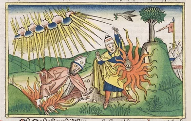 Levitikus 10:1-2 Nadab und Abihu opfern unheiliges Feuer und sterben, aus der Nürnberger Bibel (Biblia Sacra Germanaica)