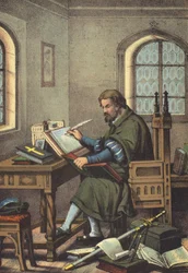Luther verkleidet als Junker Jörg in der Wartburg Übersetzung des Neuen Testaments