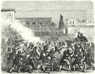 Massaker an aztekischen Kriegern und Adligen in Cholula durch die spanischen Konquistadoren von Hernan Cortes